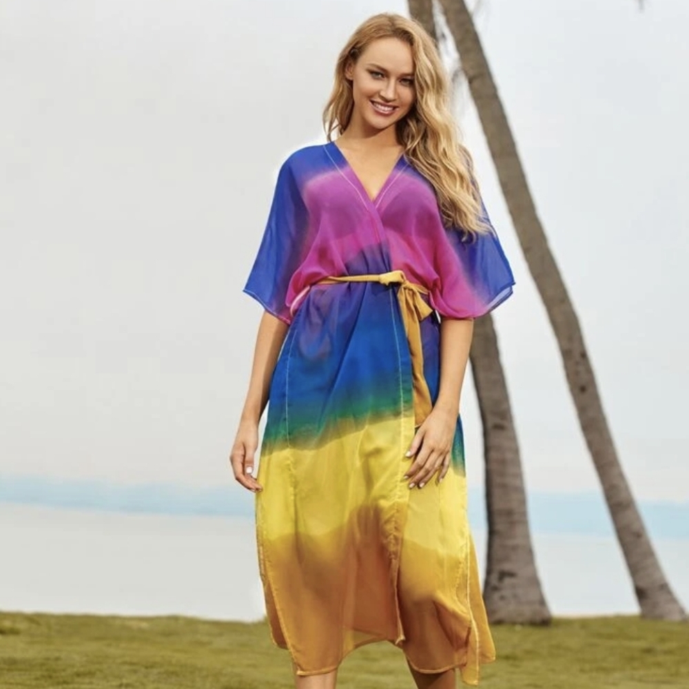 🍑Sheer Mesh Color Block Kimono